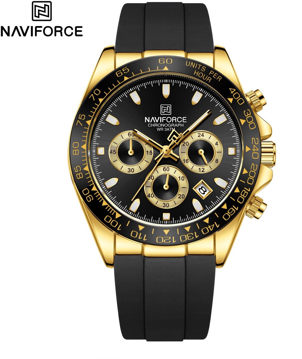 NAVIFORCE horloge voor mannen, met zwarte gefumeerde silica polsband, gouden uurwerkkast en zwarte wijzerplaat ( model 8054 GBB )