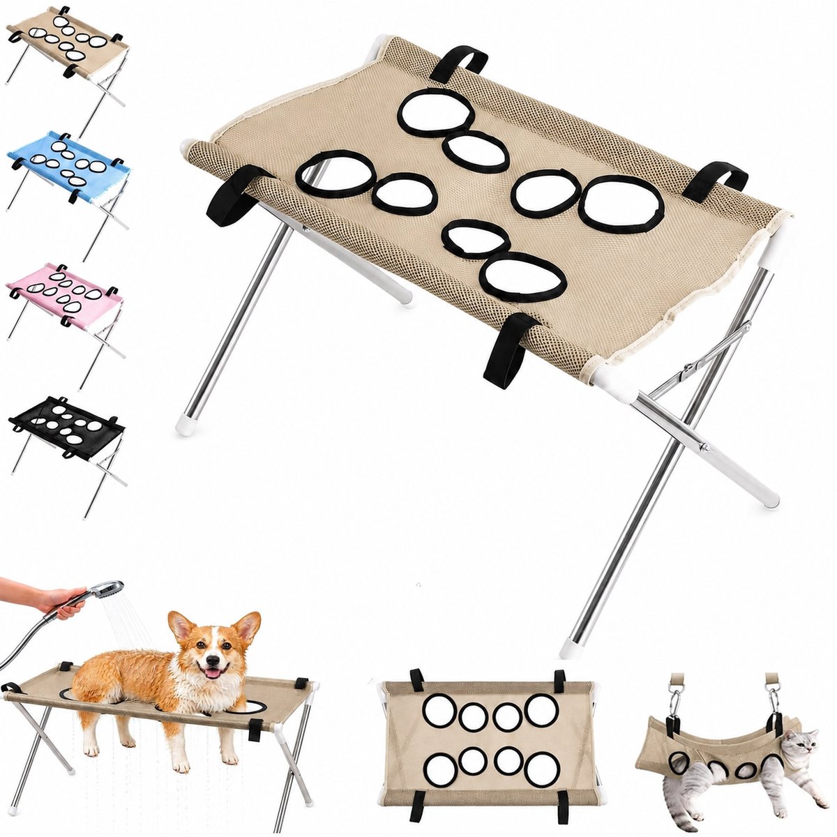 VHV-Trimhangmat honden - Badstandaard - 60*33*40cm-Nagelverzorging - Tot 20 kg - Opvouwbaar - Zacht & Veilig - Hondentrimset - Voor douche en trimmen - Kaki