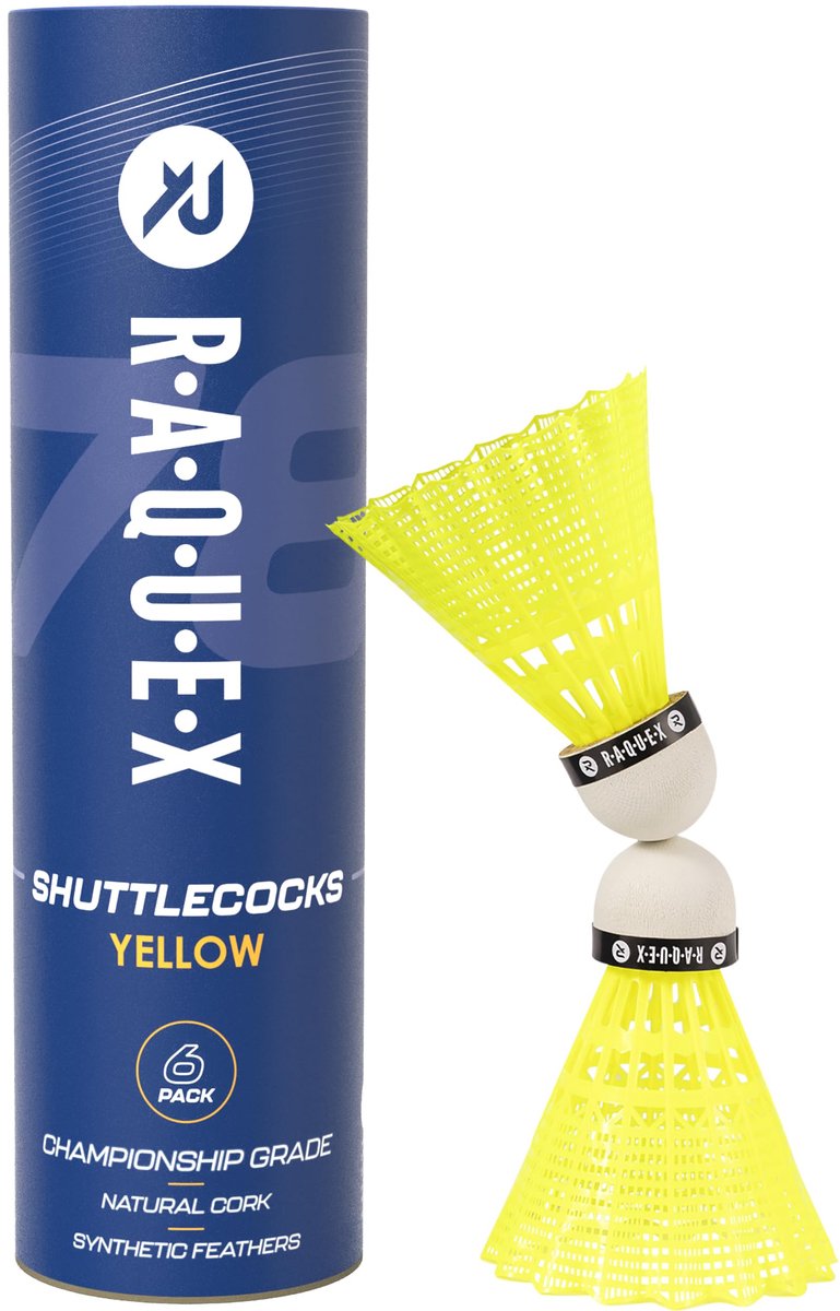 Raquex badmintonshuttles met nylon veren in een koker met 6 witte of gele, natuurlijke en duurzame kurken shuttles. - ShopVlot