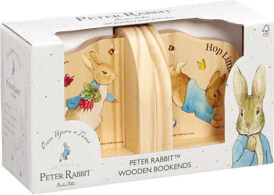 Houten boekensteunen met Peter Rabbit, op de verpakking staat "Peter Rabbit Wooden Bookends".