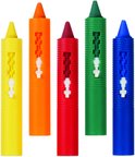Vijf Munchkin badkrijtjes in geel, oranje, rood, groen en blauw, staand op een witte achtergrond.