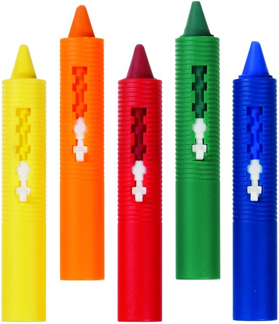Vijf Munchkin badkrijtjes in geel, oranje, rood, groen en blauw, staand op een witte achtergrond.
