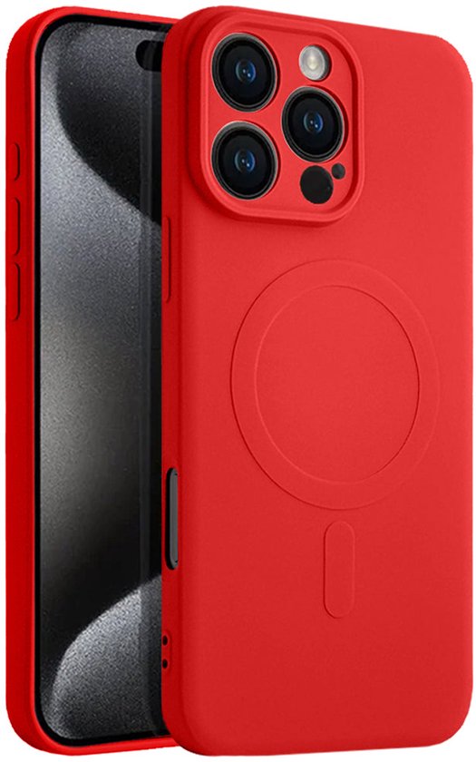 Rood siliconen hoesje voor iPhone 16 Pro Max met MagSafe-cirkel en magnetische staaf.