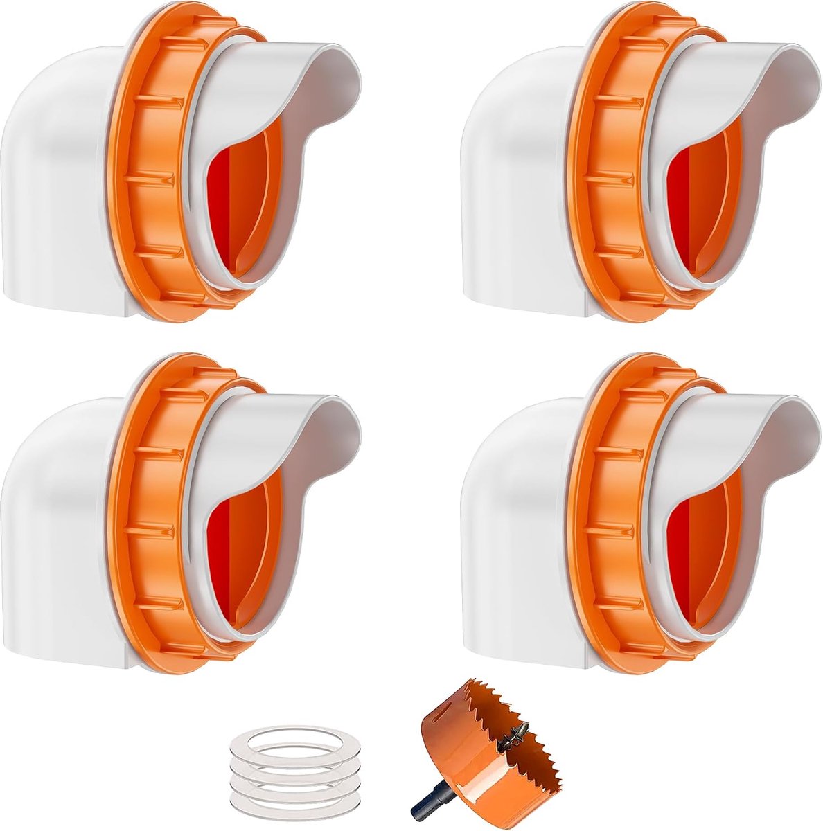 Kippenvoeder, DIY, Geen Verspilling - 4 Stuks, Oranje | Montage op emmers, vaten, bakken en troggen, met gatenzaag, geschikt voor gangbare kippenrassen