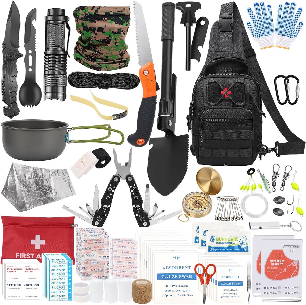 Kit 35-in-1, professionele noodset met campingaccessoires, premium set, mes, outdoor-uitrusting, survivaluitrusting, voor camping, bushcraft, jacht, avontuur, vaders, mannen