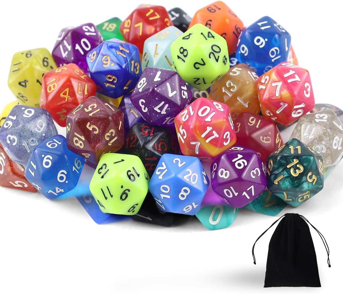 Set van 40 polyedrische dobbelstenen, 12-zijdige polyedrische dobbelstenen met zwarte trekkoordzak, D12 kleurrijke polyedrische speeldobbelstenen voor DND MPG MTG Dungeons en Dragons (D12)