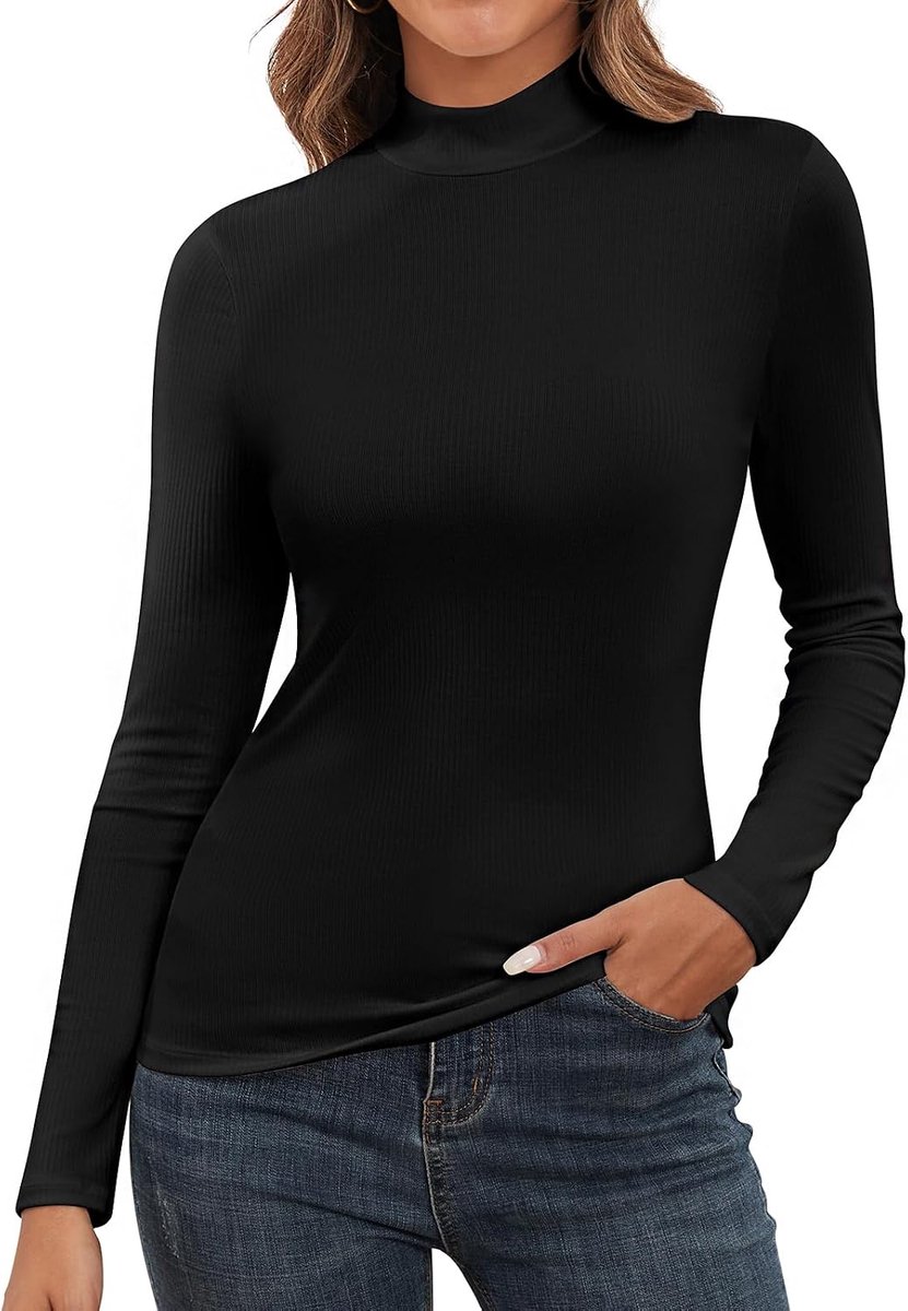Coltrui Tee Damestop met Hoge Kraag Pullover Lange Mouw Gebreide Trui Elastisch Effen Tshirt Nauwsluitende Top Nauwsluitend Basistop