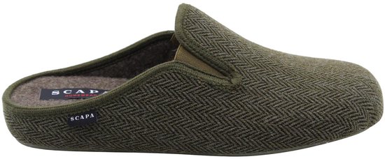 Groene Scapa pantoffel met visgraatpatroon en bruine voering.