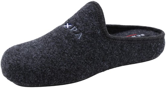 Donkergrijze Scapa pantoffel met geborduurd 'XPA' op de neus en rode label.