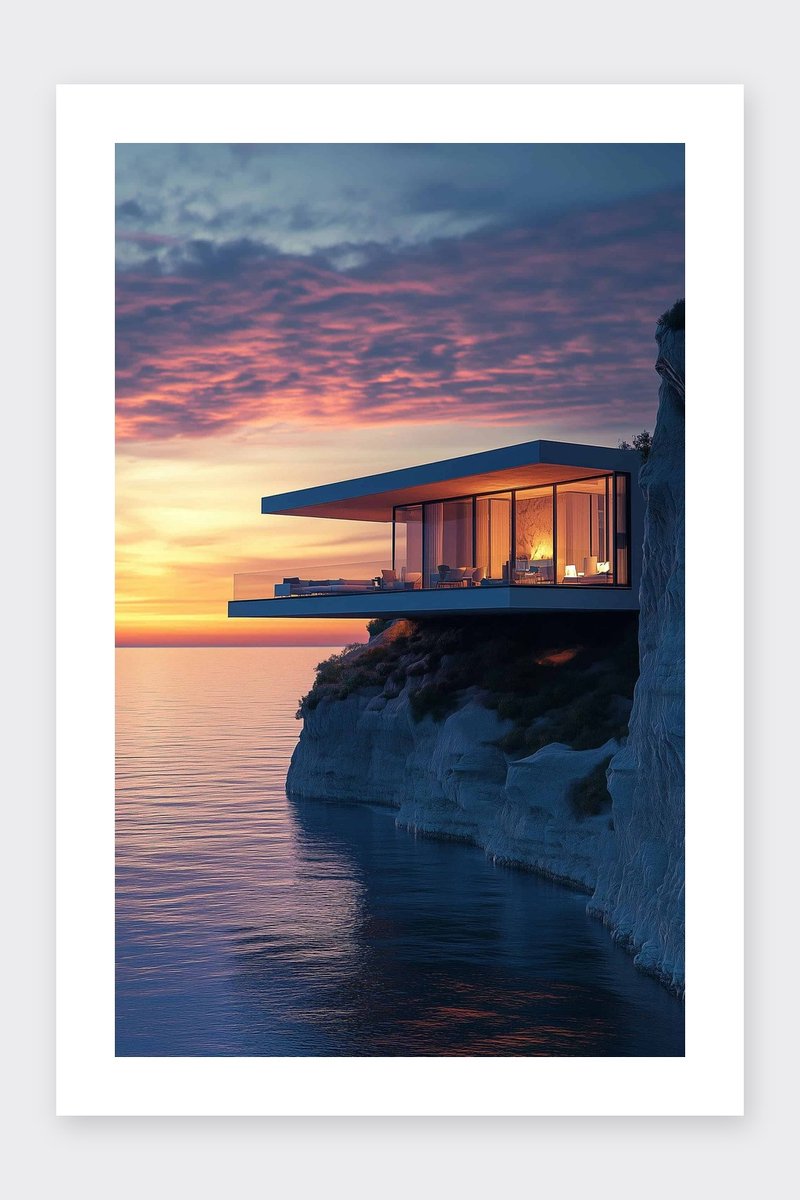 Huis Poster - Luxe - Klif - Landschap - Modern - Architectuur - Reizen - Strand - posters - formaat 30x40cm - Wanddecoratie - BXS4410KMD - Met kader - passe-partouts stijl