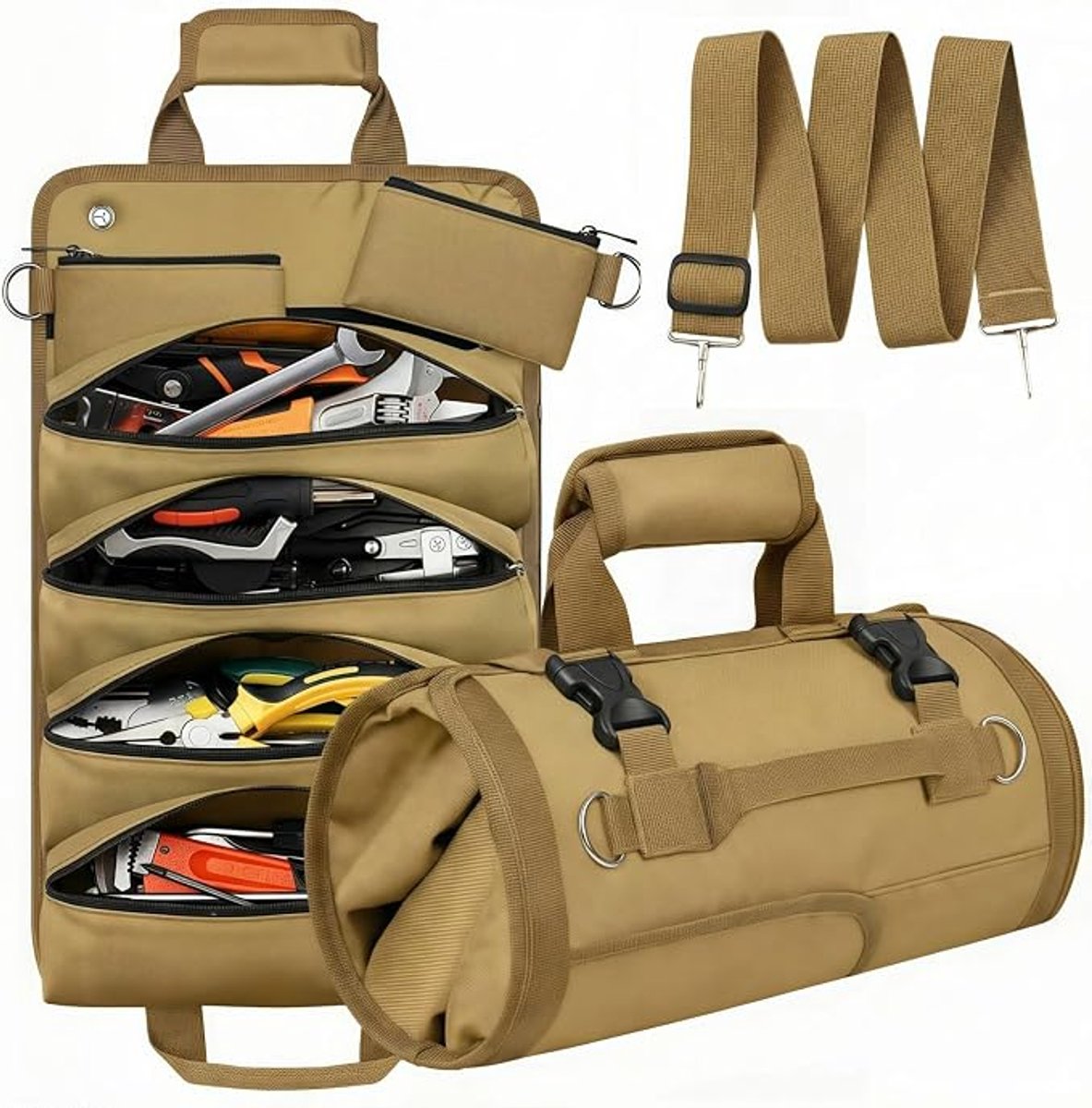 KZQ Gereedschapsrol canvas - Heavy duty opbergtas met kleine vakken, oprolsysteem - Voor monteurs, lassers & klussers - Khaki