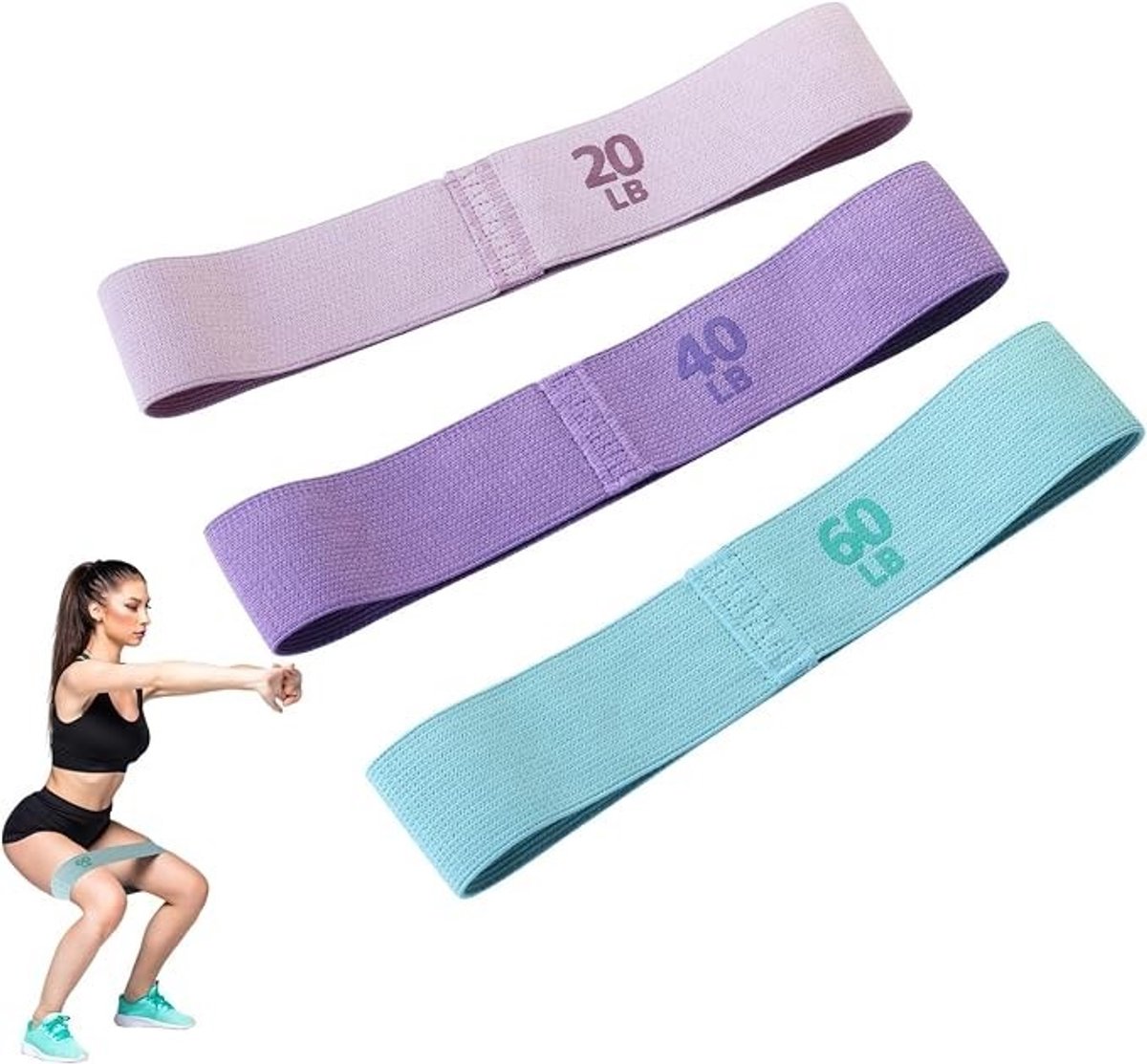 PolkaHome Weerstandsbanden Set van 3 – Fitnessbanden voor Billen, Benen en Full Body Training – Yoga, Pilates, Krachttraining – Lichtroze, Paars, Turquoise