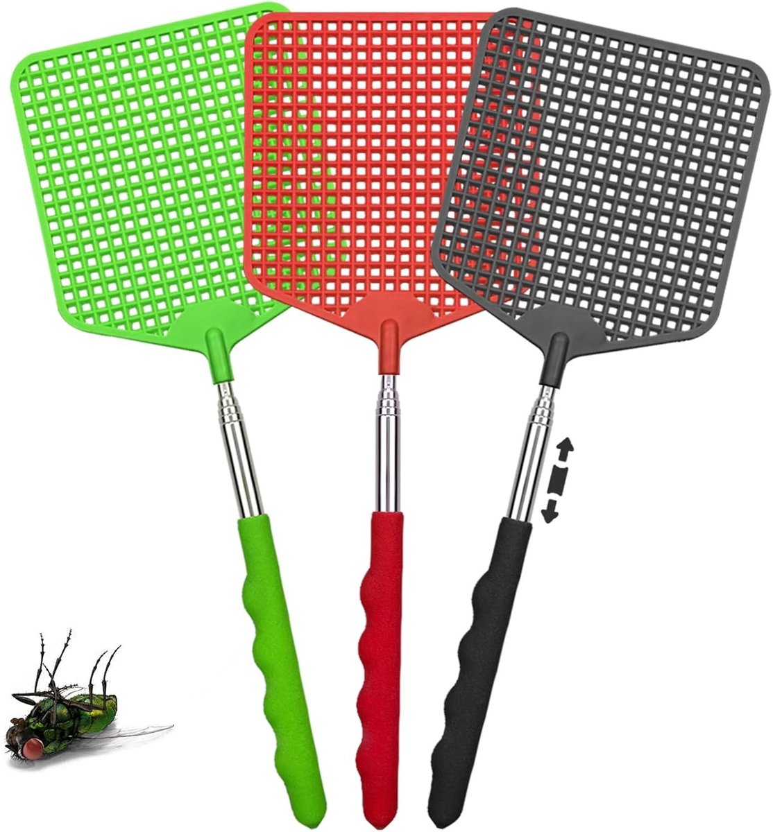 Verlengbare kleurrijke vliegenmepper van plastic met roestvrijstalen handvat voor vliegen, muggen en insectenbestrijding (Zwart, Groen, Rood)