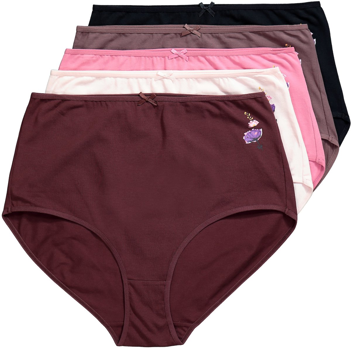 Ulla Popken - Dames - Maxi-slip set van 5 bloem aan de zijkant - Donkerbruin - Maat 50+