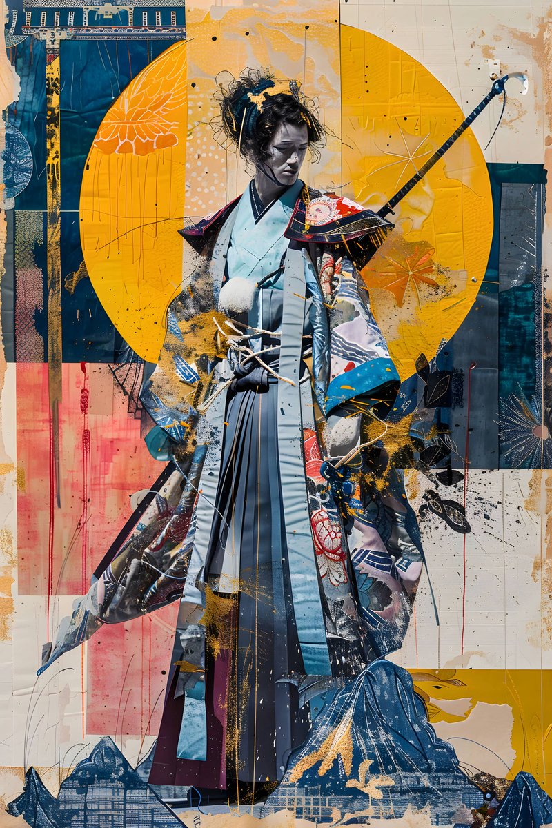 Samoerai Poster - Collage - Krijger iatische - Artistieke - Kunst - posters - formaat 70x100cm - Wanddecoratie - L3001MT