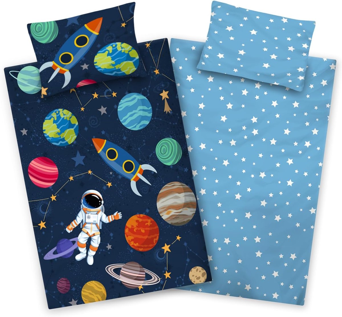 Kinderdekbedovertrek 100x135 cm - 100% katoen - Raketten - Met Ritssluiting - Blauw