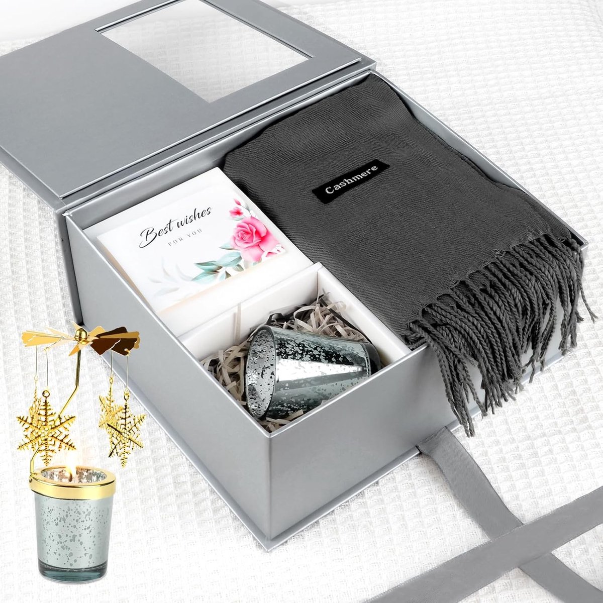 Geurende Kaarsen Gift Box met Draaiende Kaarsenhouder en Grijze Cashmere Sjaal, Perfecte Cadeau-ideeën voor Moeder en Vriendin, Verjaardag en Kerstmis