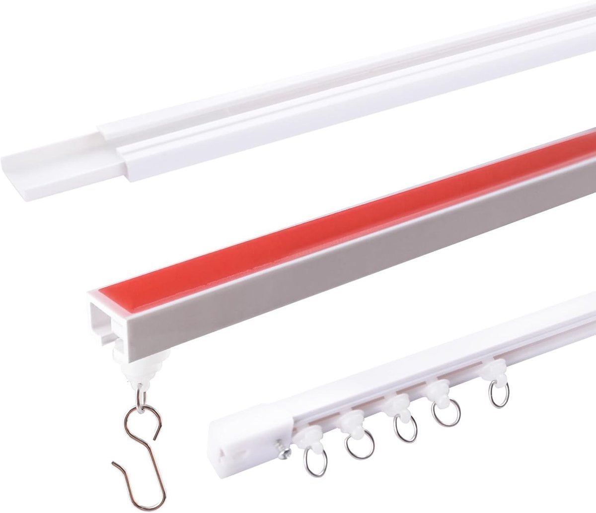 Set van Zelfklevende Gordijnrails zonder Boren, 80cm Witte Plafondrail voor Flexibele Kamerscheiding en Badkamers (Inclusief Gordijnhangers)