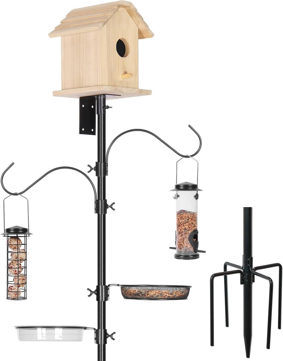 Weerbestendige vogelhuis en voederhouder set, verstelbaar met 5 steunen, ideaal voor tuin en buitengebruik, zwart, 196 cm