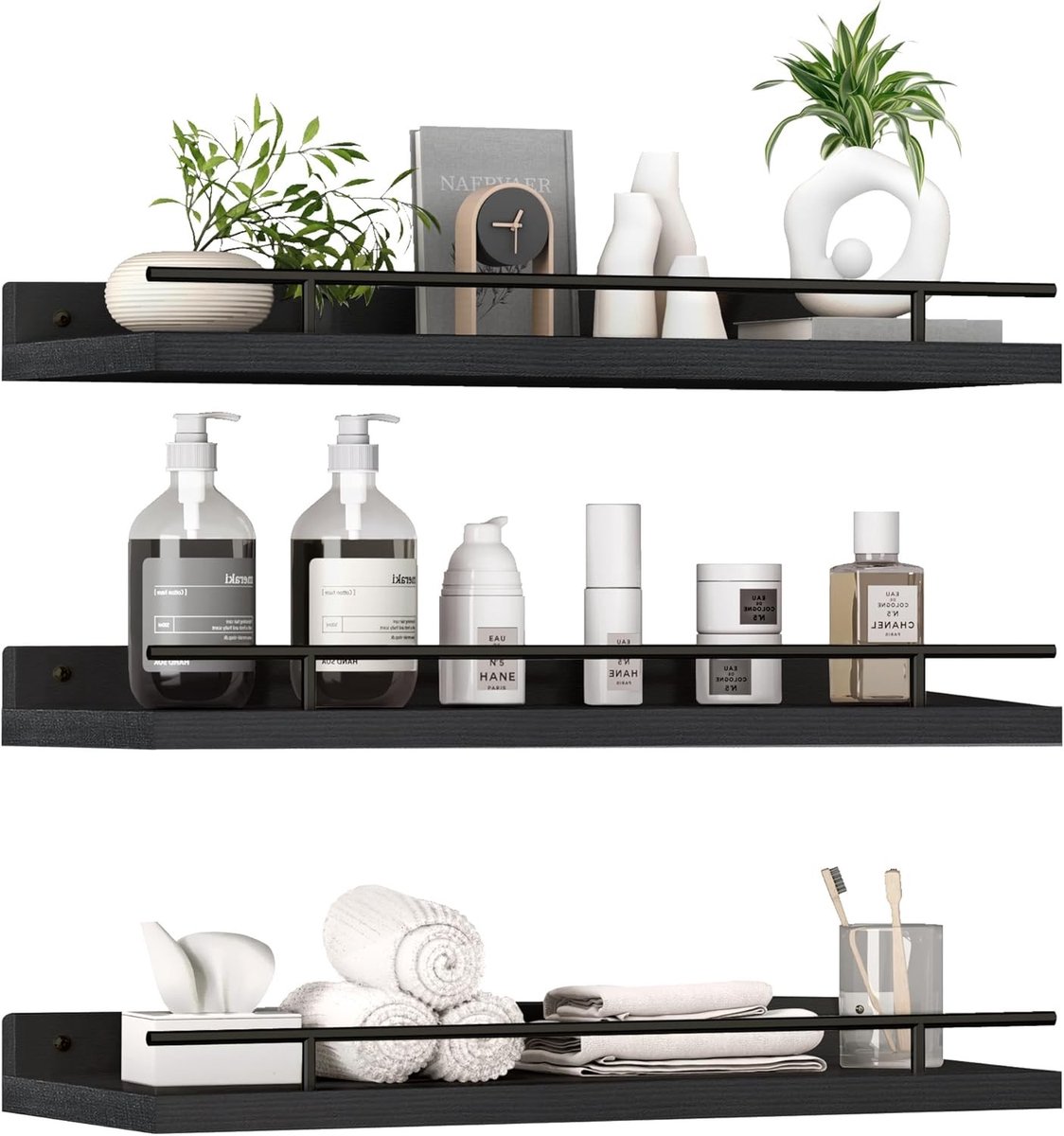 Zwarte Houten Wandplank Set van 3 Stukken, Ideaal voor Keuken, Badkamer en Woonkamer, Boekenplank en Decoratieve Plank voor Elke Ruimte