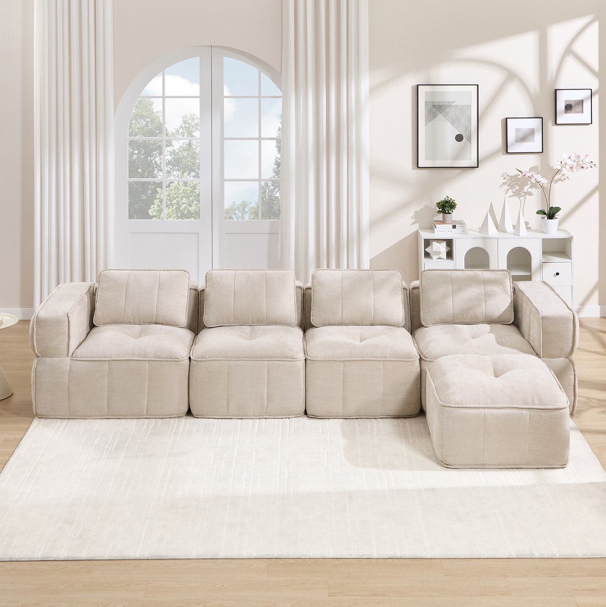 REDOM - Hoekbank - 4-zits modulair L-vormig - Met hocker - Diepe zitting - Woonkamerbank - Polyester - Beige - 344 x 162 x 67 cm