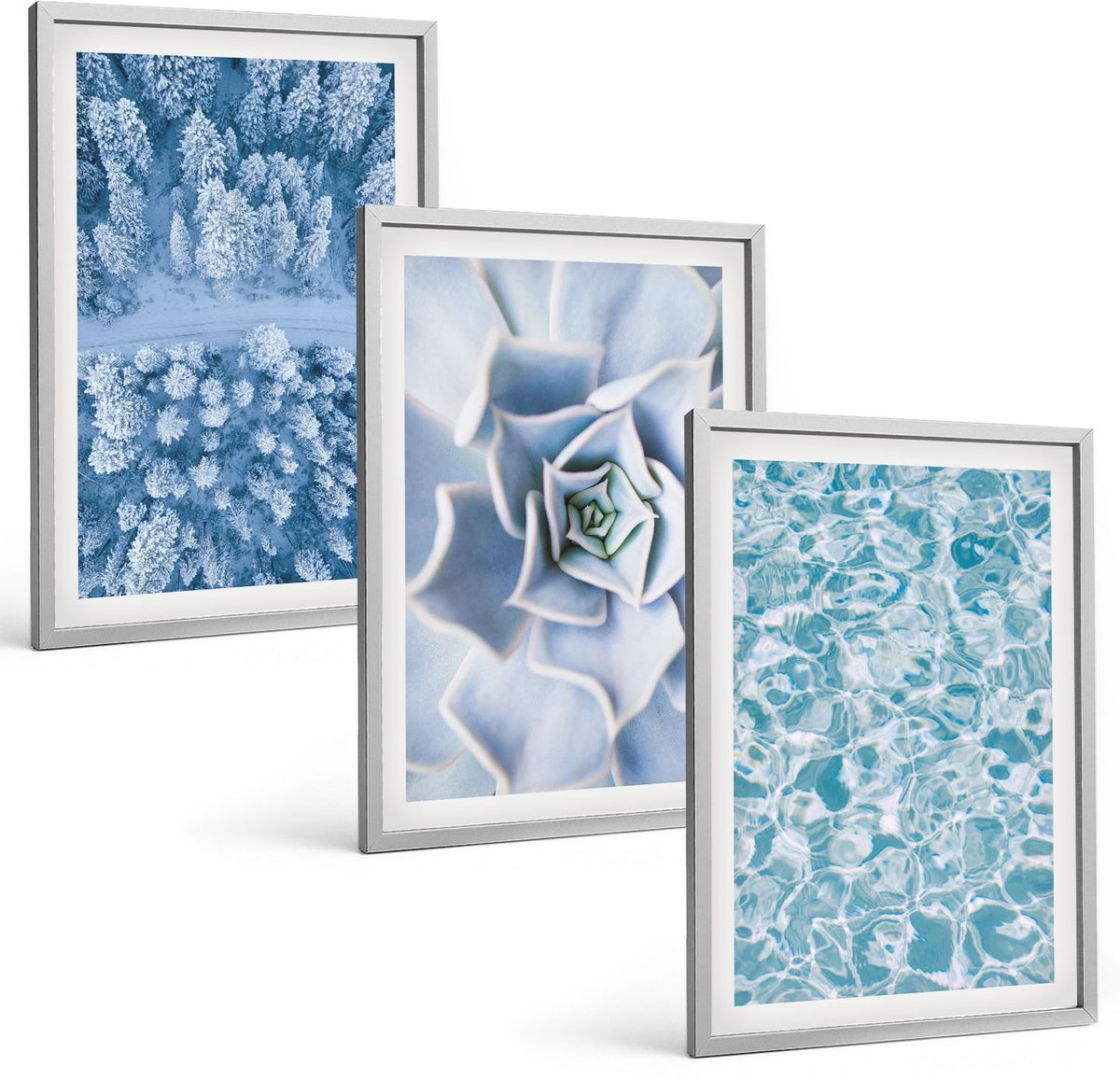Coloray 3-Delige Schilderij Set - Winterbos, Blauwe Bloem, Blauw Wateroppervlak - 40 x 60 cm - Muurdecoratie - Wanddecoratie - Hal - Woonkamer Decoratie