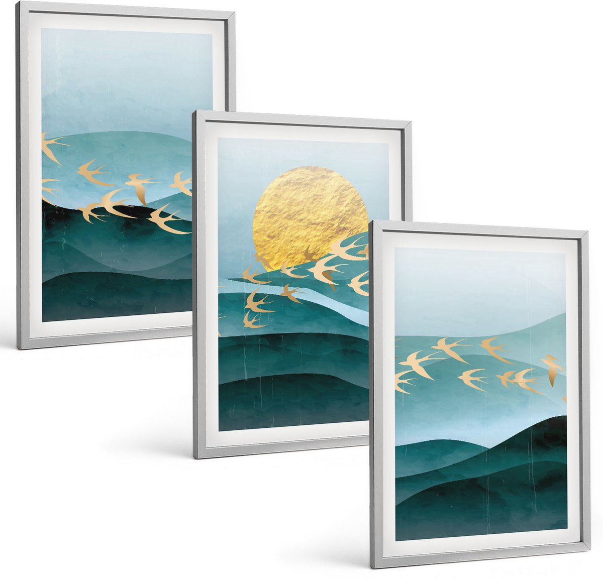 Coloray 3-Delige Schilderij Set - Abstracte Landschappen Met Zonnestralen En Vliegende Vogels - 40 x 60 cm - Decoratieve Schilderijen - Wanddecoratie - Hal - Interieur Decoratie