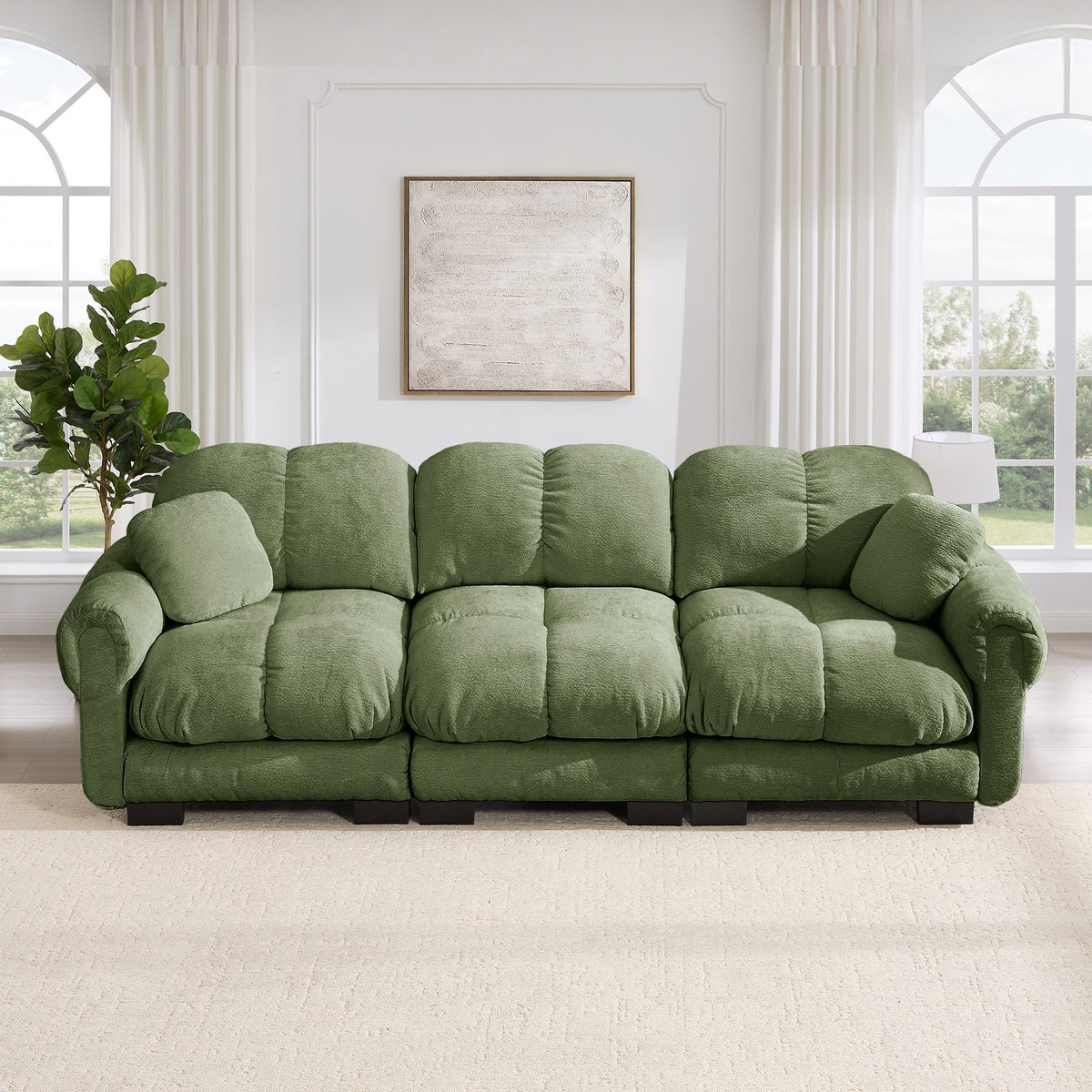 REDOM - Bank - 3-zits Cloud-Sofa met 2 decoratiekussens - Stevig gestikte zitkussens - Chenille bekleding - Geschikt voor woonkamer - Groen - 260 x 86 x 90 cm