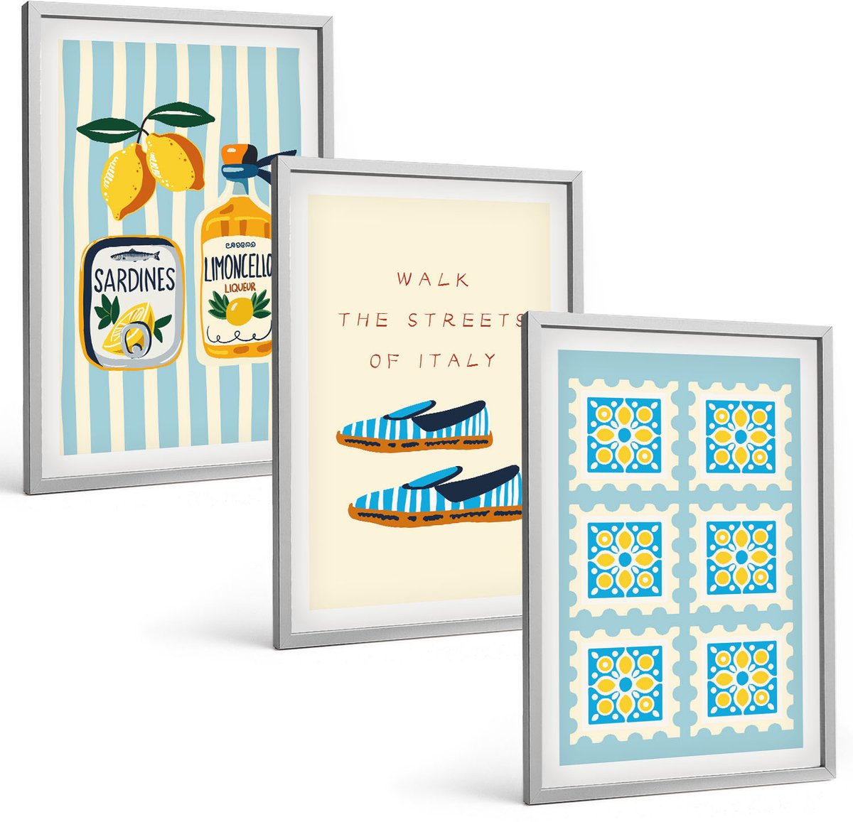Coloray 3-Delige Schilderij Set - Fruitpatronen En Elementen Van De Italiaanse Cultuur - 40 x 60 cm - Wanddecoratie - Woonkamer Decoratie - Moderne Wanddecoratie