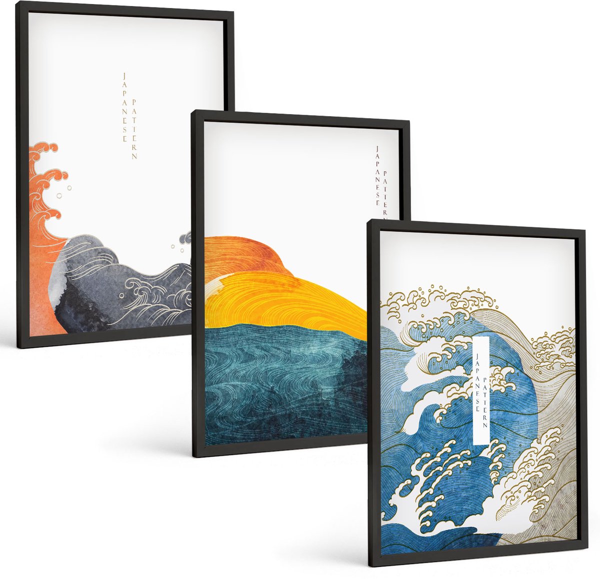 Coloray 3-Delige Schilderij Set - Golven In Japanse Grafische Stijl - 40 x 60 cm - Wanddecoratie - Muurdecoratie - Woonkamer