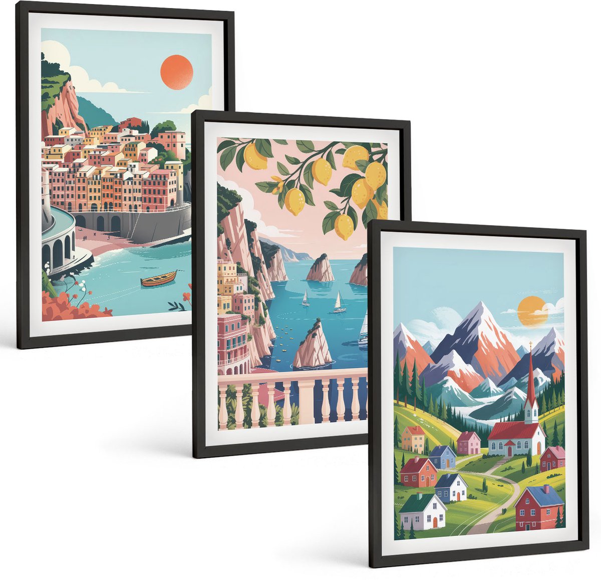 Coloray 3-Delige Schilderij Set - Kleurrijke Berglandschappen En Kuststeden - 40 x 60 cm - Moderne Wanddecoratie - Slaapkamer - Decoratieve Schilderijen