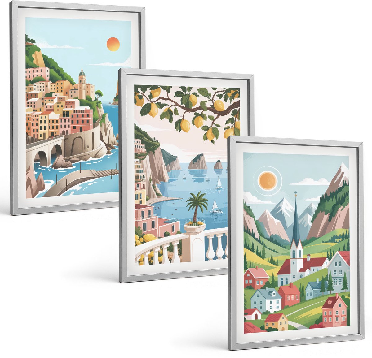 Coloray 3-Delige Schilderij Set - Schilderachtige Landschappen Met Zee En Citrusvruchten - 40 x 60 cm - Wanddecoratie - Woonkamer Decoratie