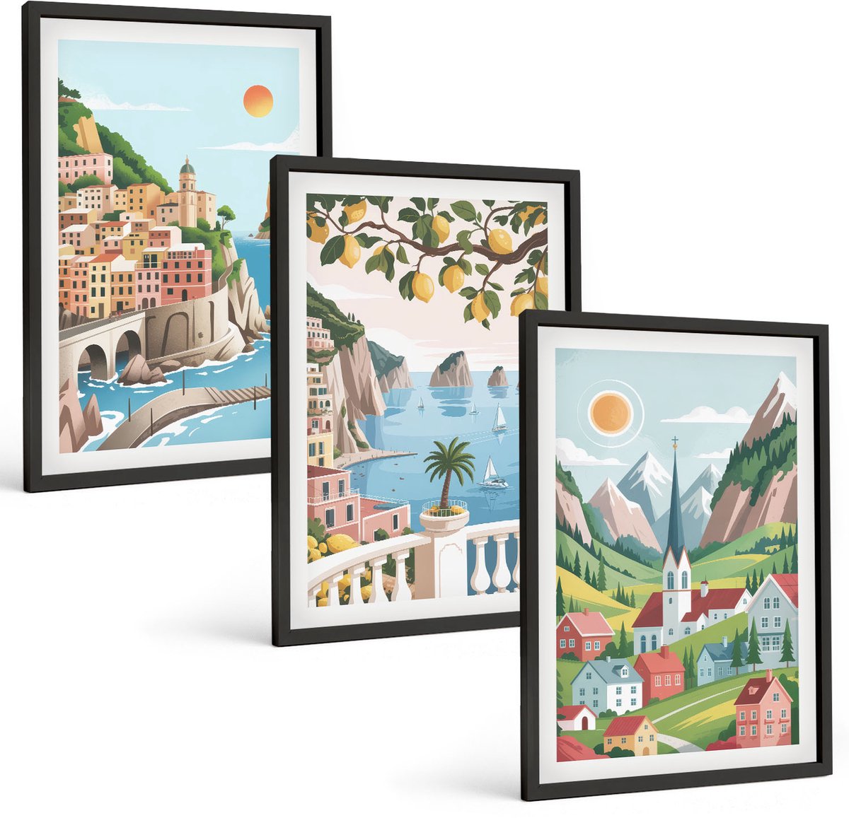 Coloray 3-Delige Schilderij Set - Schilderachtige Landschappen Met Zee En Citrusvruchten - 40 x 60 cm - Wanddecoratie - Woonkamer Decoratie - Moderne Wanddecoratie