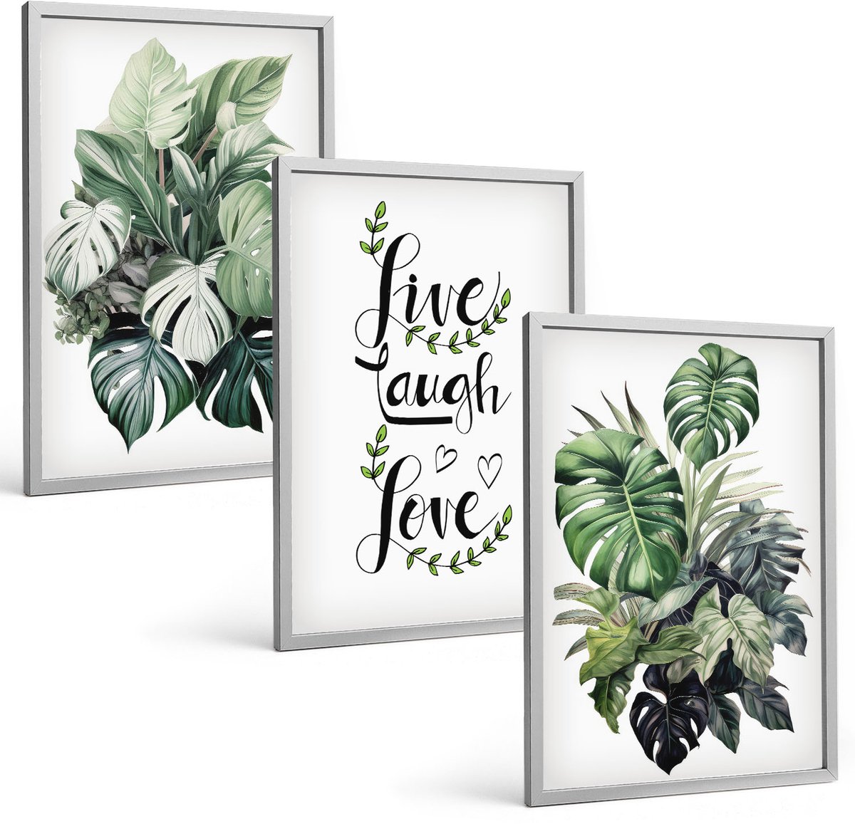 Coloray 3-Delige Schilderij Set - Bladrijke Planten Met De Woorden Leef, Lach, Houd Van - 40 x 60 cm - Decoratieve Muurdecoratie - Slaapkamer - Stijlvolle Muurdecoratie