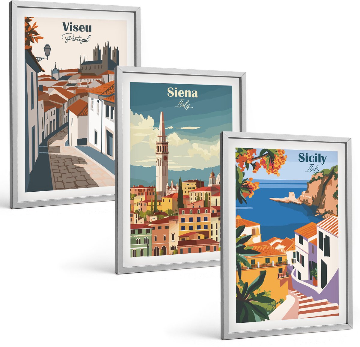 Coloray 3-Delige Schilderij Set - Retro-Illustraties Van Beroemde Steden Over De Hele Wereld - 40 x 60 cm - Decoratieve Muurdecoratie - Slaapkamer - Woonkamer Decoratie