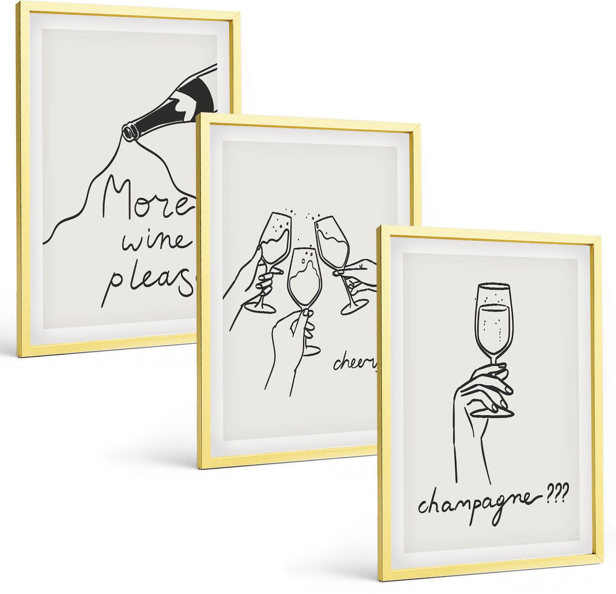 Coloray 3-Delige Schilderij Set - Vrolijke Momenten Met Wijn En Champagne - Lijntekening - 40 x 40 cm En 40 x 60 cm - Muurdecoratie - Wanddecoratie - Hal - Woonkamer Decoratie