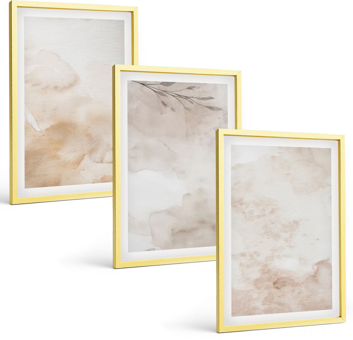 Coloray 3-Delige Schilderij Set - Aquarelvlekken En Bladeren In Pastelkleuren - 40 x 40 cm En 40 x 60 cm - Schilderijen Set - Wanddecoratie - Woonkamer