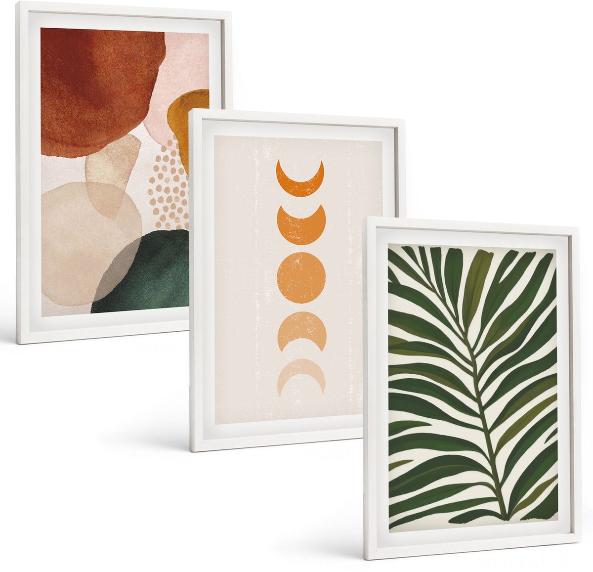 Coloray 3-Delige Schilderij Set - Abstracte Vormen In Warme Kleuren En Bladeren - 40 x 60 - Muurdecoratie - Schilderijen Set - Woonkamer - Moderne Wanddecoratie