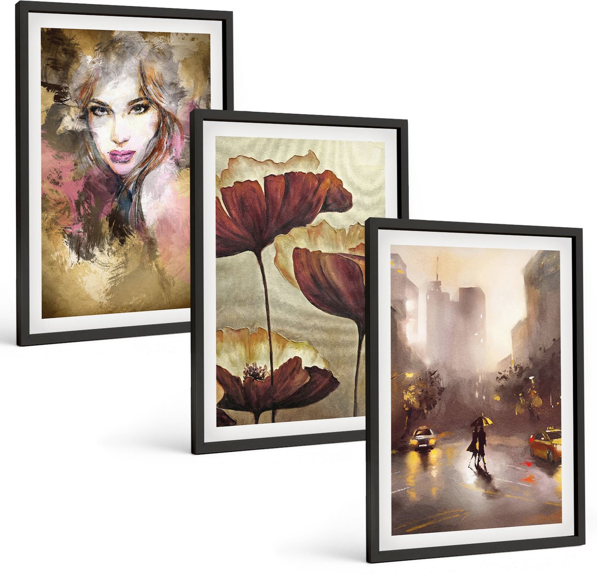 Coloray 3-Delige Schilderij Set - Abstract Portret Van Een Vrouw Met Bloemen In Een Stad In De Regen. - 40 x 60 cm - Wanddecoratie - Schilderijen Set - Interieur - Muurdecoratie
