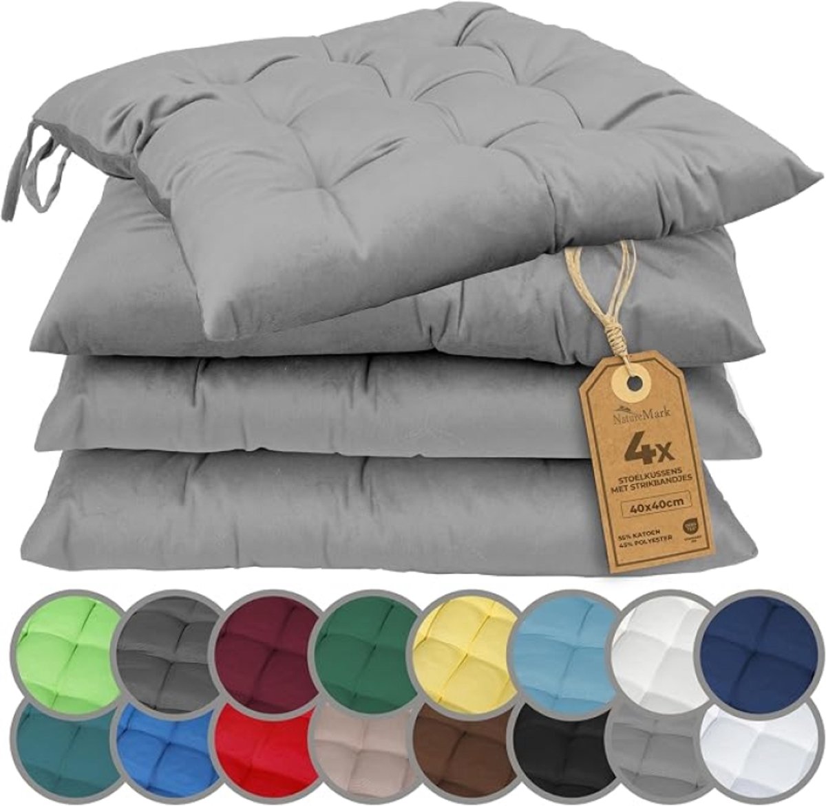 4-delige Set Stoelkussens met Banden 40x40 cm – Tuinstoelkussen voor Binnen en Buiten – Zilvergrijs