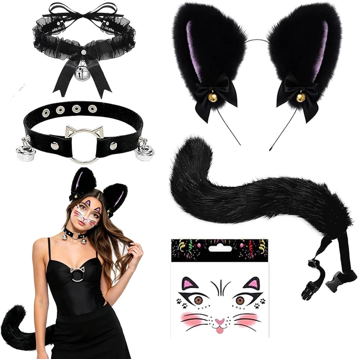 Dames kattenkostuum set met accessoires voor cosplay en feestelijke gelegenheden