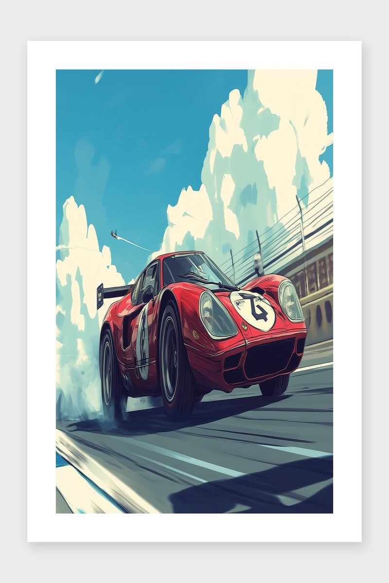 Raceauto Poster - Voertuigen Posters - Cartoon - Passe-Partouts Effect - Wanddecoratie Kinderkamer - 180 gram papier - B6342DZ - Formaat 60 x 90cm