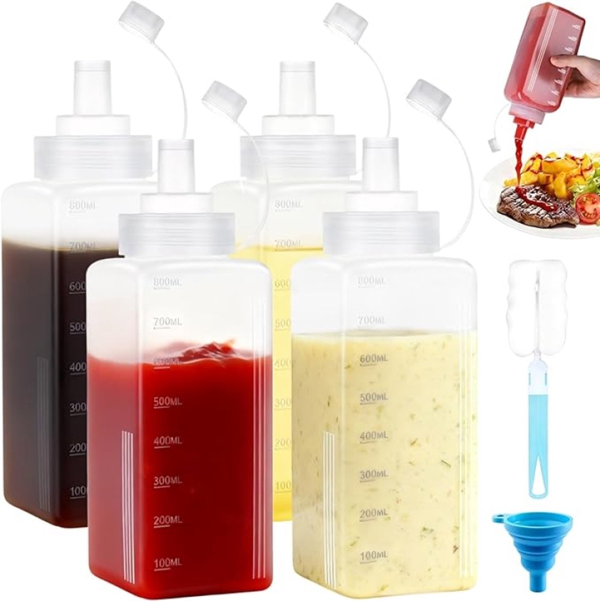 4 stuks knijpflessen voor saus 800 ml plastic squeeze flessen met maatverdeling voor ketchup, barbecue, saladedressing en honing