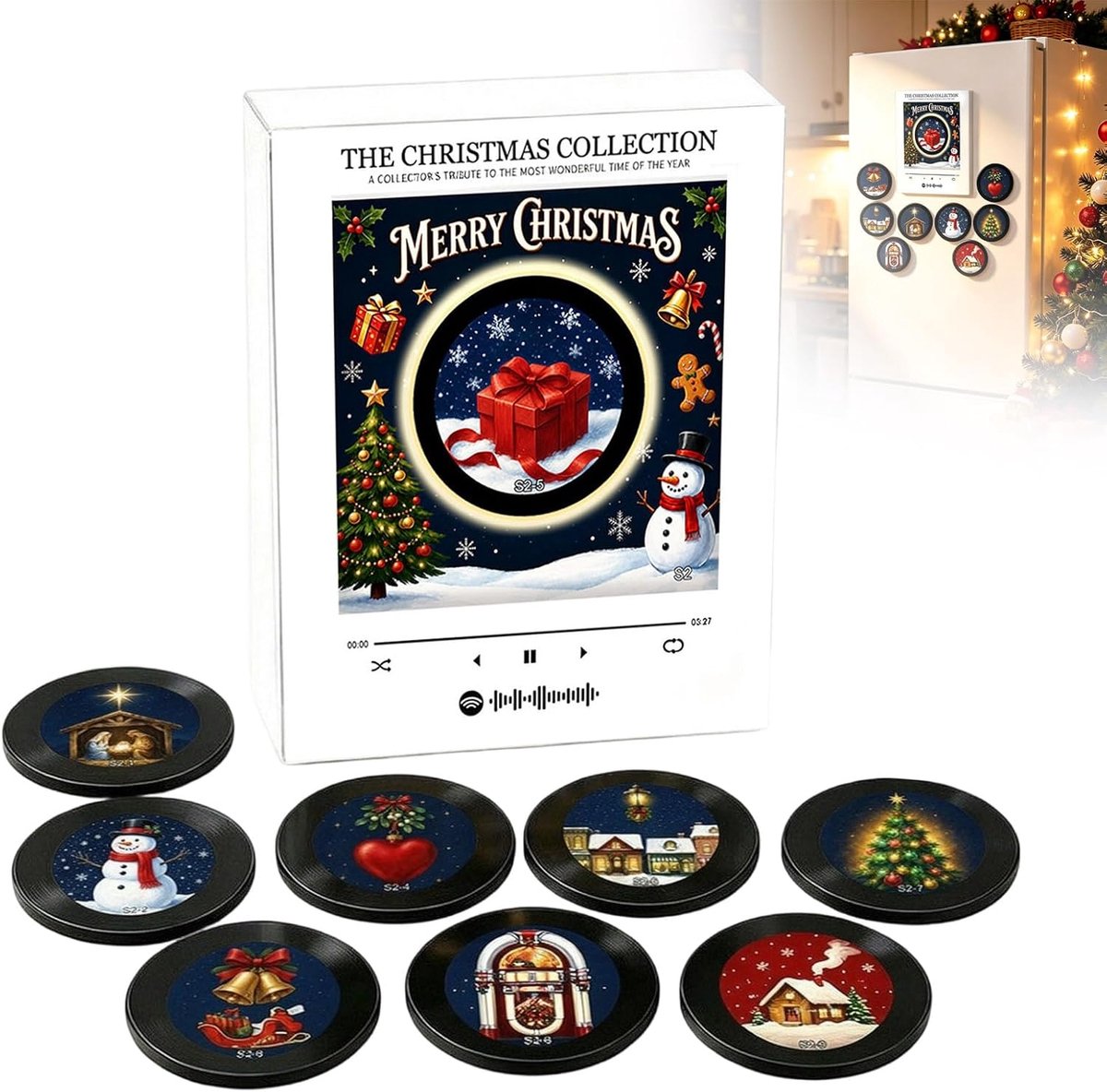 Kerst Muziek Magneten Voor Koelkast - Met LED-licht & 9 NFC Mini Vinylplaten - Muziekdoos Kit - USB-Oplaadbaar - Complete NFC-discspeler voor vinylliefhebbers - herbruikbaar decor voor kerstdecoraties, keuken en feest - Kersteditie 02