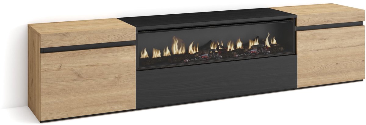 TV-meubel 200 x 45 x 35 cm - Eiken en zwart - Elektrische open haard - Modern design - ShopVlot