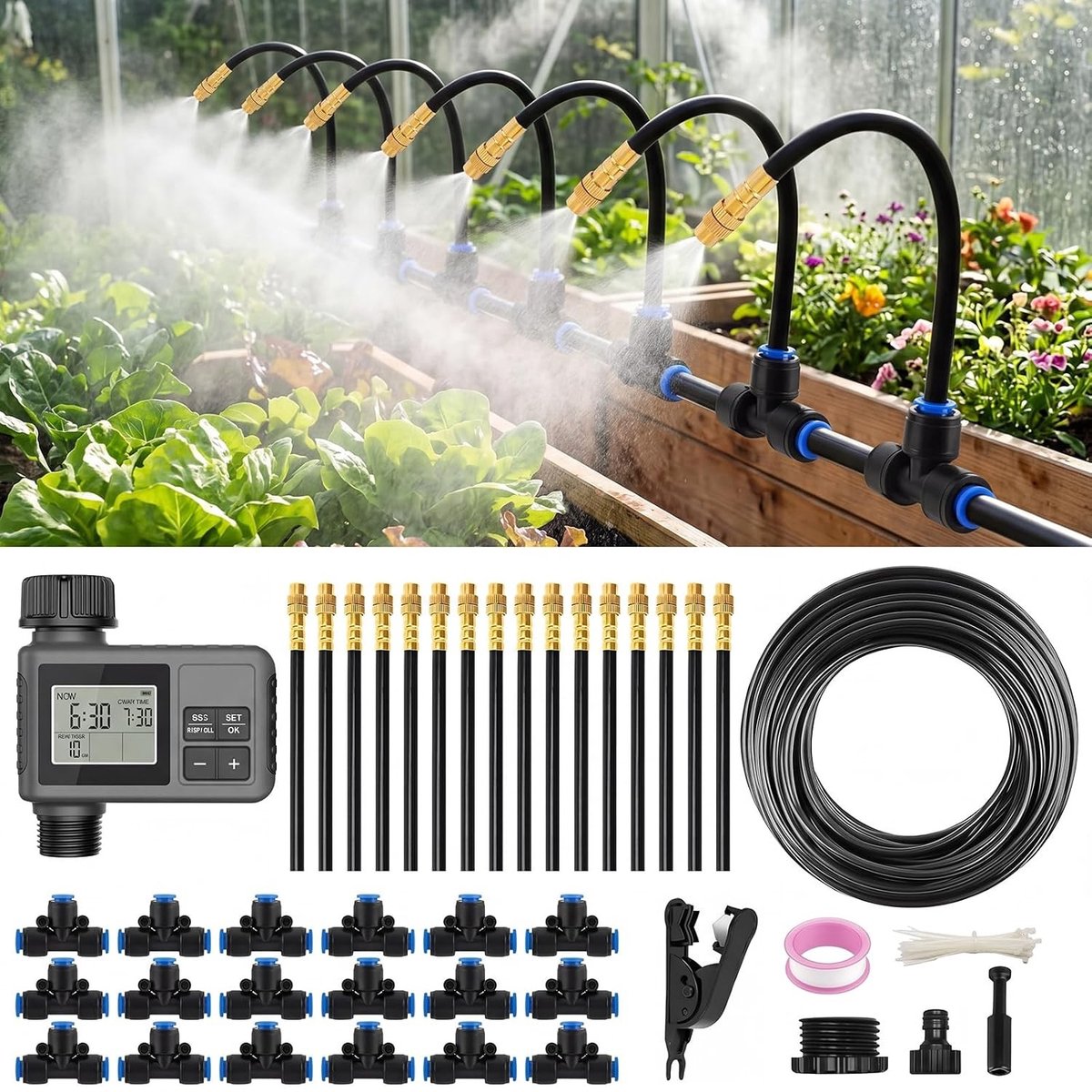 Irrigatiesysteem op zonne-energie - 18 m - Automatisch Bewateringssysteem met Timer en Regensensor - Voor Tuin en Moestuin