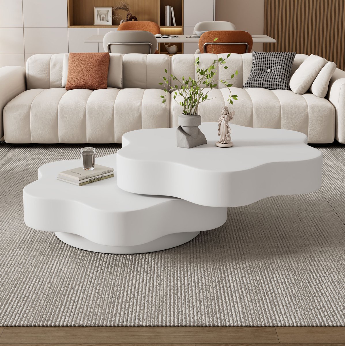 REDOM - Salontafel - Bloemvorm en 360° draaibaar tafelblad - Dubbele tafellichamen en 2 aflegvlakken - Modern - Woonkamer - MDF - Crèmewit - 74,8 x 67,5 x 31 cm