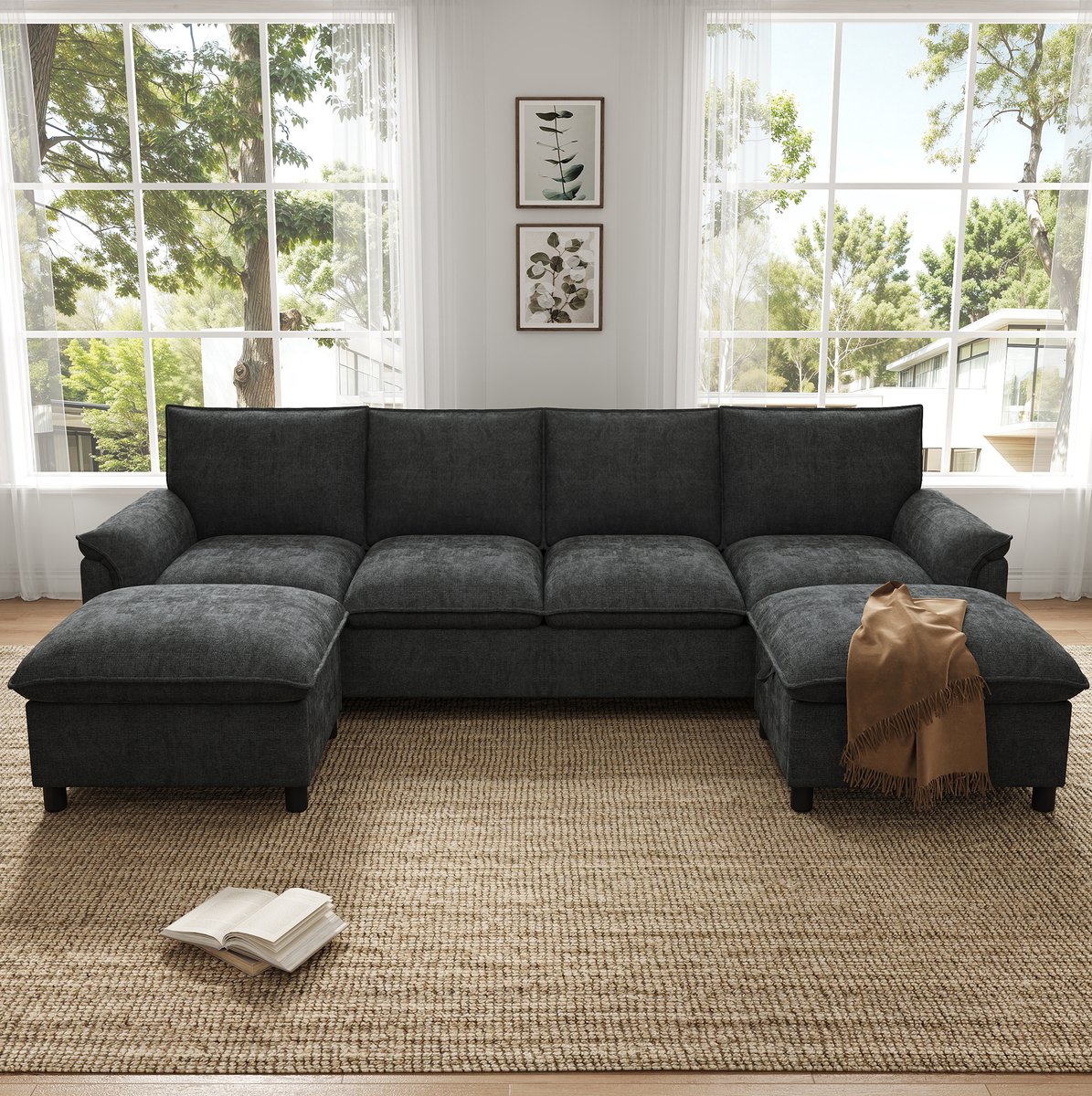REDOM - U-bank - Modulair cloud-sofa met 2 bewegende voetenbanken - Opbergruimte in voetenbanken - Chenille - Woonkamer - 264,5 x 142,5 x 84 cm