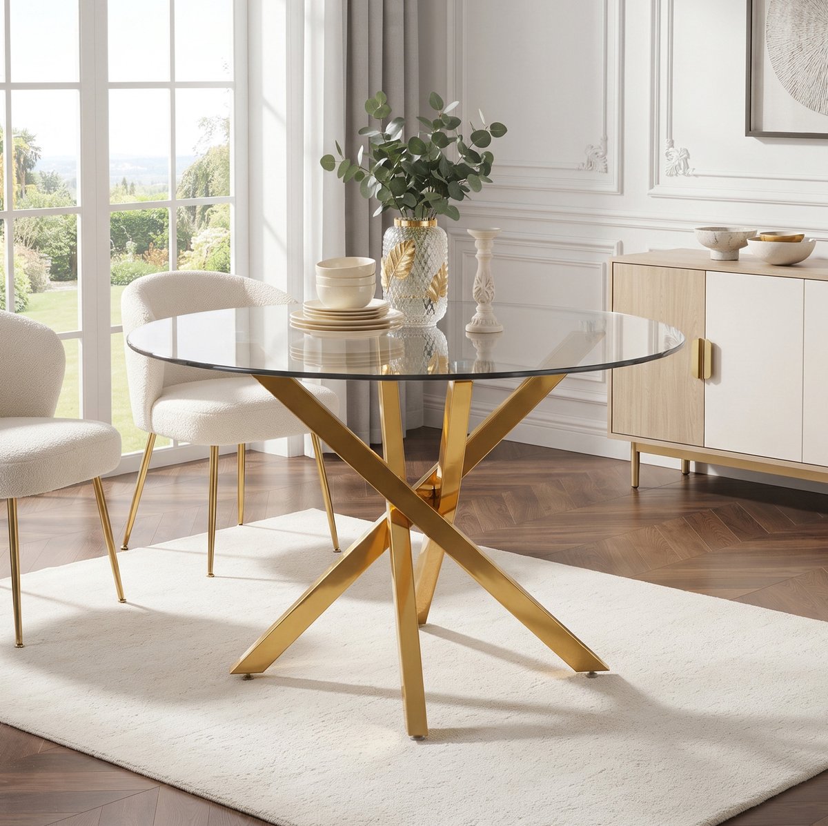 REDOM - Eettafel - Rond 80 cm tafelblad - X-poot constructie - Modern minimalistisch - Eetkamer, keuken, woonkamer - Gehard glas en metaal - Goud - 80 x 80 x 75 cm