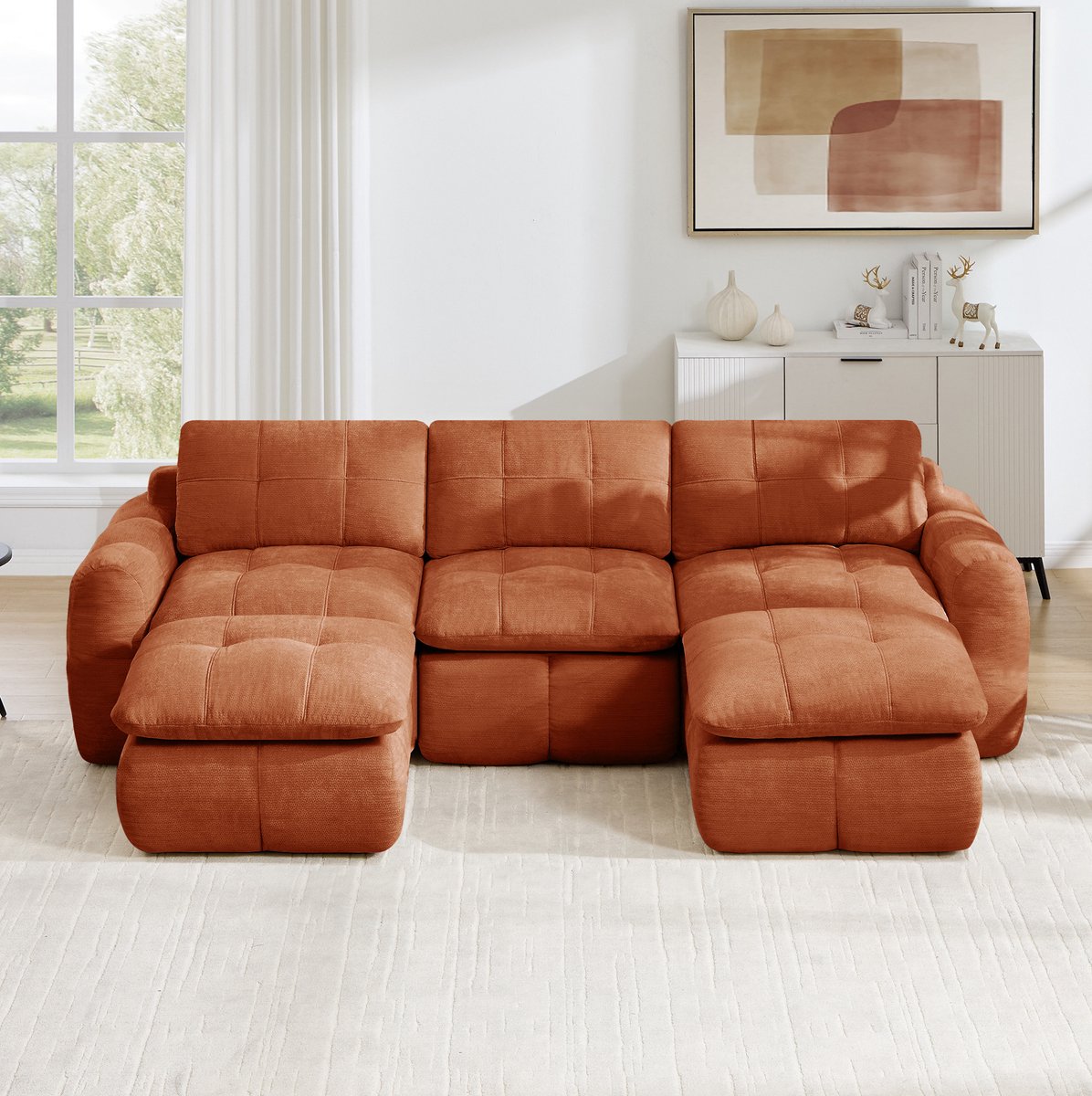 REDOM - U-bank - Modulair frameloos - Chenille bekleding - 3-zits - 2 ottomans - Woonkamer en appartement - Oranje - 264 x 160 x 68 cm